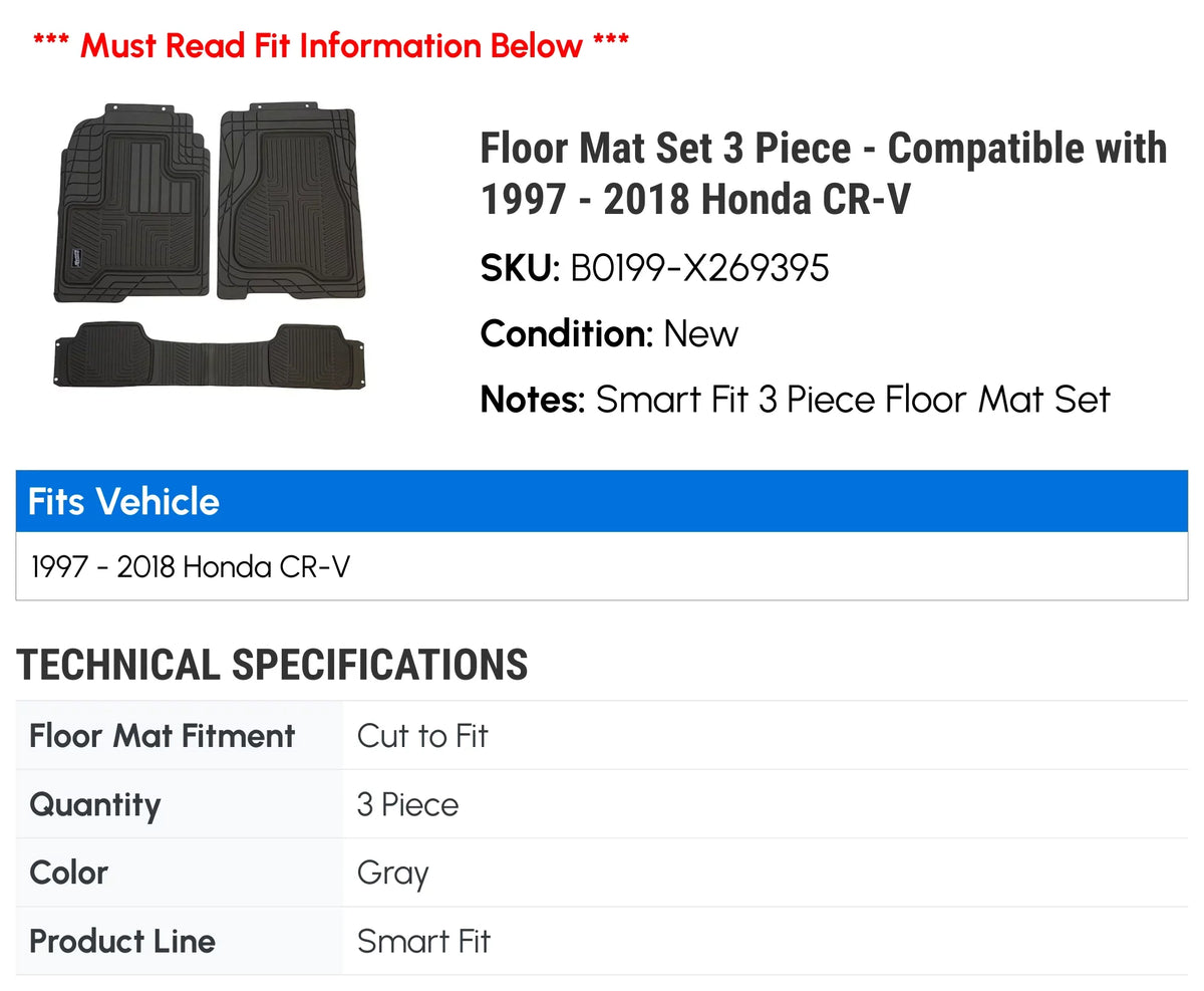 Floor Mat Set 3 Piece - Compatible with 1997 - 2018 Honda -V 1998 1999 2000 2001 2002 2003 2004 2005 2006 2007 2008 2009 2010 2011 2012 2013 2014 2015 2016 2017