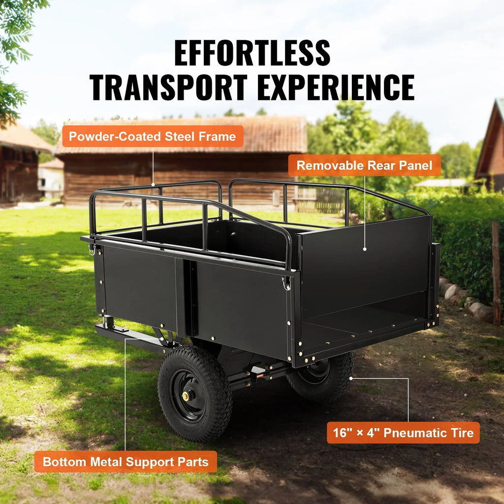 Heavy Duty  Trailer, 750lb Steel Dump Cart with 15 Cubic Feet Capacity, Garden Utility Trailer for Riding Lawn Mower Tractor