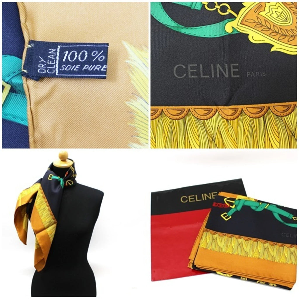 Pre-Owned Celine silk scarf muffler black x beige belt pattern  ladies with paper case (Like New)