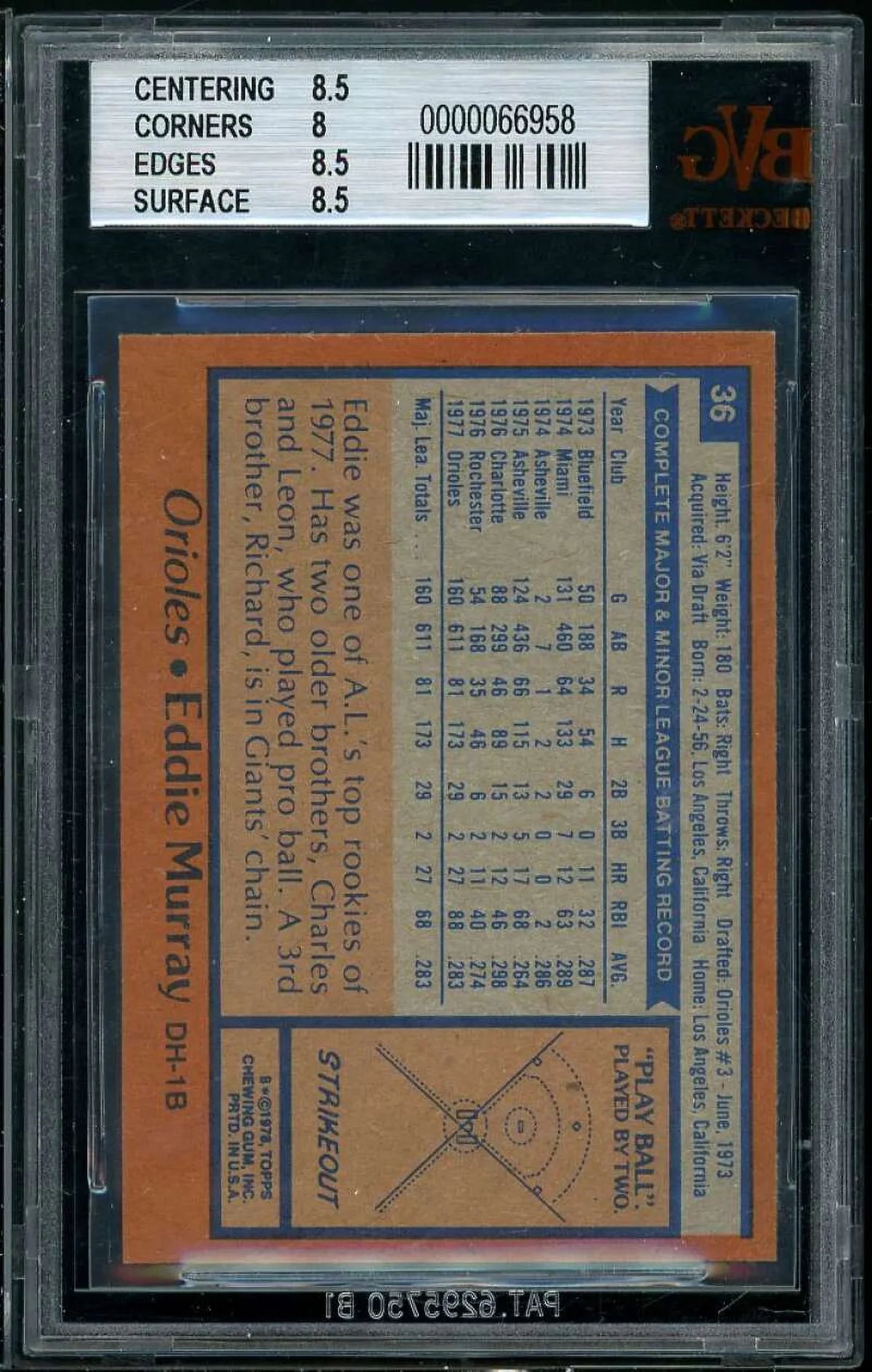 Eddie Murray Rookie Card 1978 Topps #36   8.5 (8.5 8 8.5 8.5)