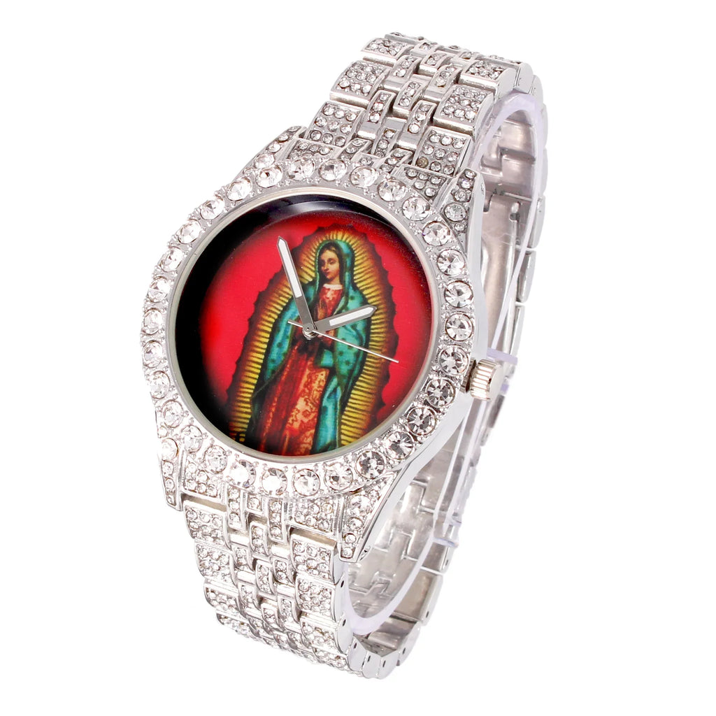 Charles Raymond The Virgin of Guadalupe Blessed Dial - Mens Hip Hop Metal Iced Out Wristwatch - Blinged Out Big Rhinestones on Trim - ST10226  Single (Silver ST10361A)