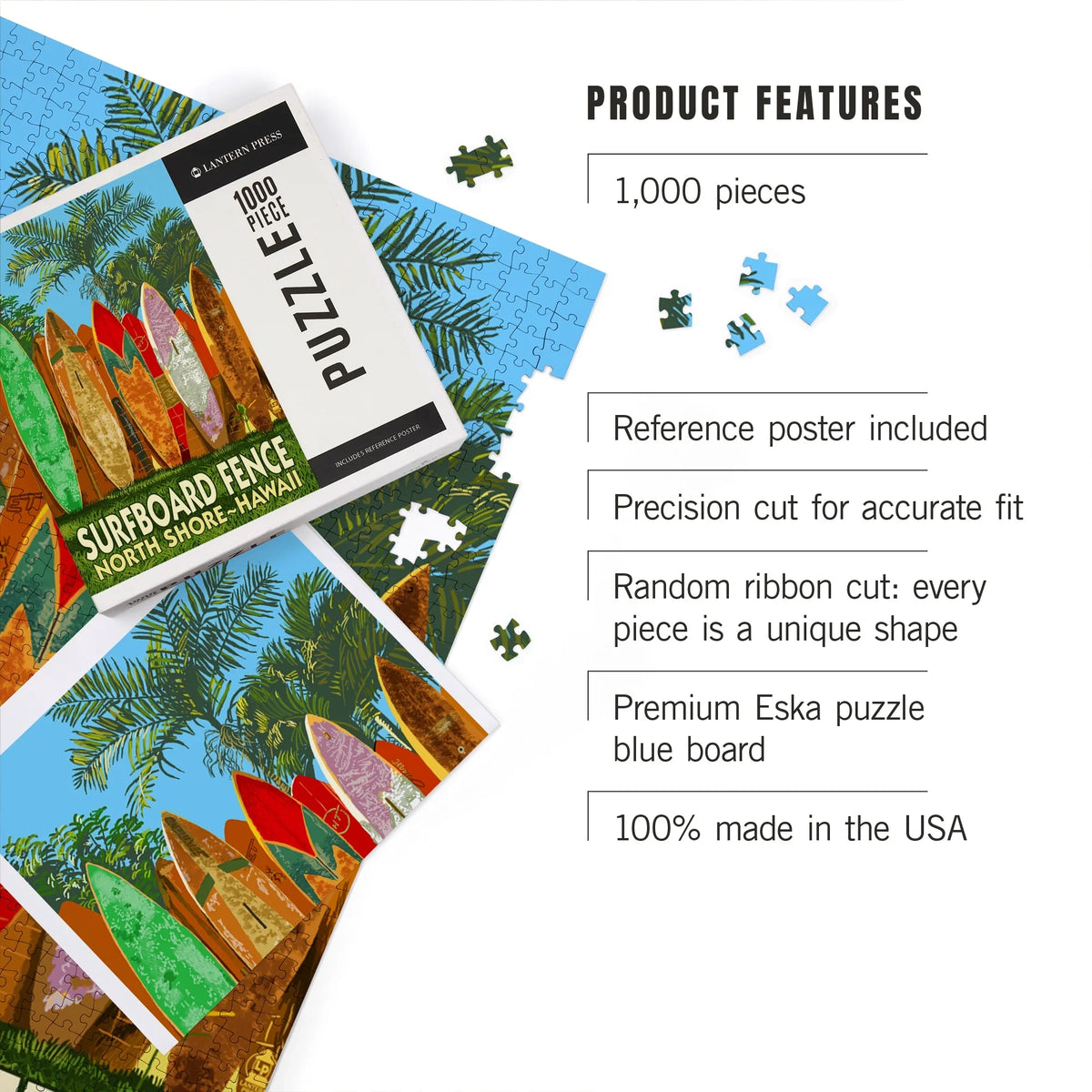 Lantern Press 1000 Piece Jigsaw Puzzle, North Shore, Hawaii, Surfboard Fence