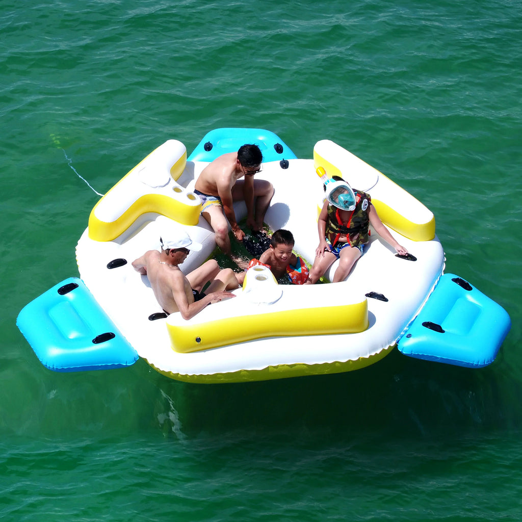 IFI6P Inflatable Floating Island Lounge Raft with Cup Holders and Coolers - 6 Person