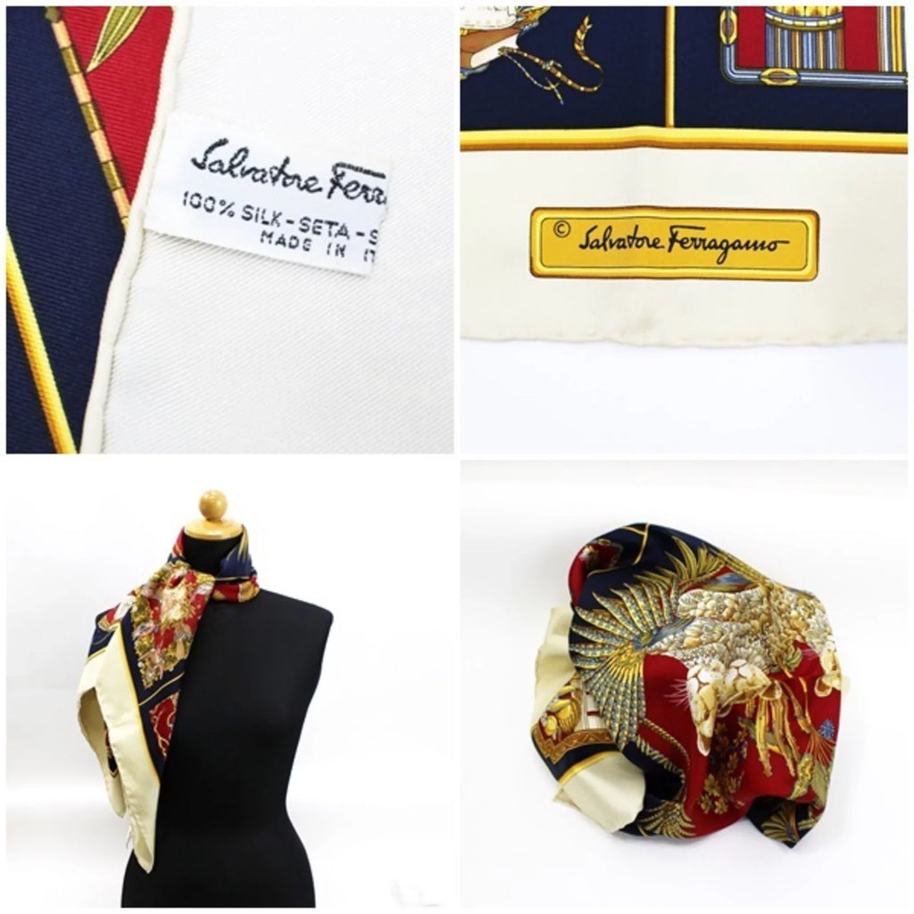 Pre-Owned Salvatore Ferragamo silk scarf muffler ivory × navy animal and plant pattern   ladies leopard print (Good)