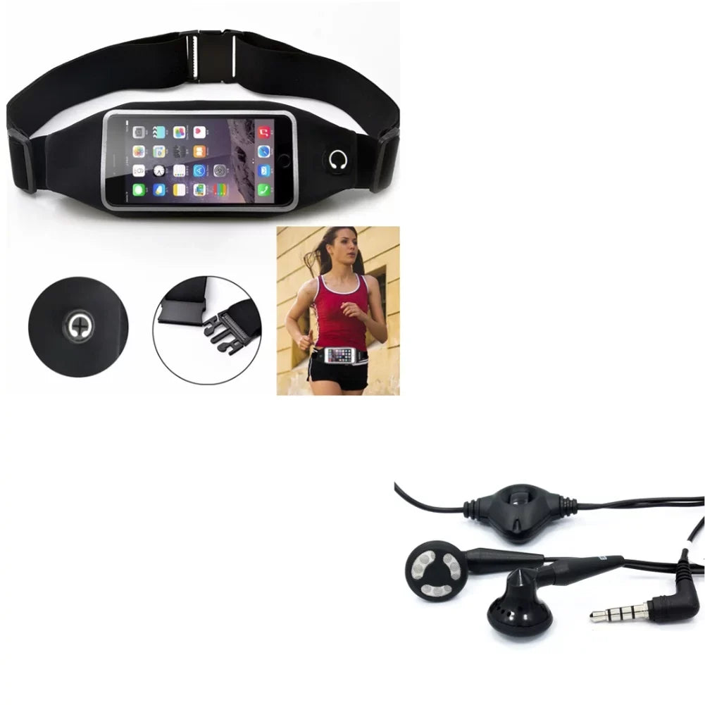 Black Sport Workout Belt Waist Bag Case w Headset  3.5mm Handsfree Earphones A6Z for  ZenFone Max Plus M1,  Phone,  5z 4 Pro 3 Max 2E 2 - Blackberry Z30, Priv, DTek50, Leap, Motion