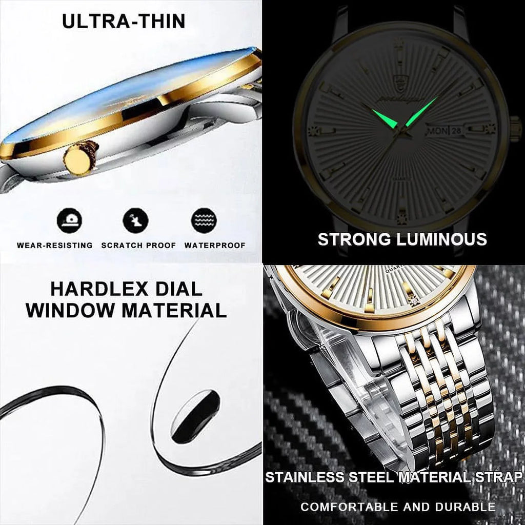 Luxury Business Men's Watches Ultra Thin Waterproof Luminous Date&Week Stainless Steel Men Watch Quartz Male Clock Gift