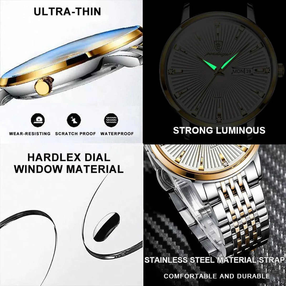 Luxury Business Men's Watches Ultra Thin Waterproof Luminous Date&Week Stainless Steel Men Watch Quartz Male Clock Gift