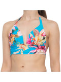 Women's Blue Tropical Print Shirring Tie Sweetheart Molded Cup Halter Swimsuit Top 12