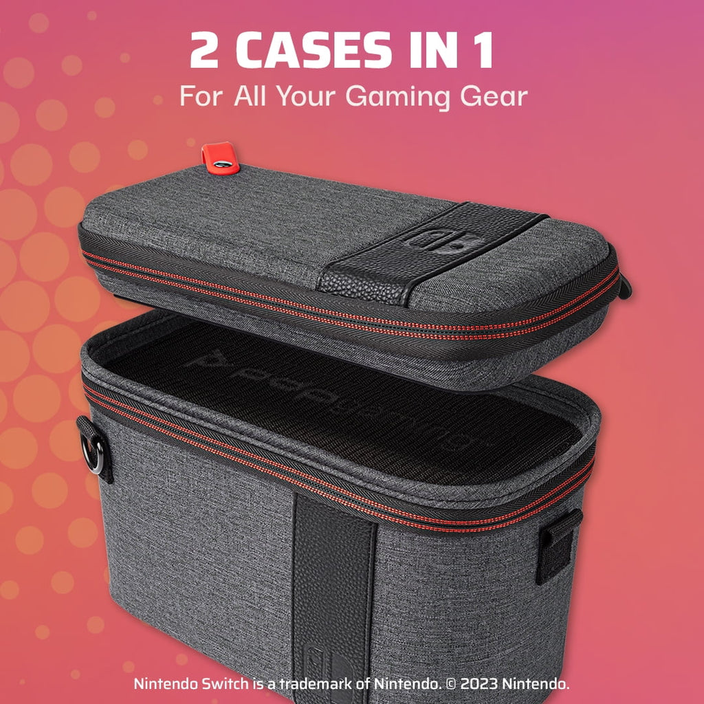 Gaming Pull-N-Go Travel Case Elite Edition: 2-in-1 with Built-in Console Stand, Removable Straps & Interchangeable Dividers: Grey - Nintendo Switch