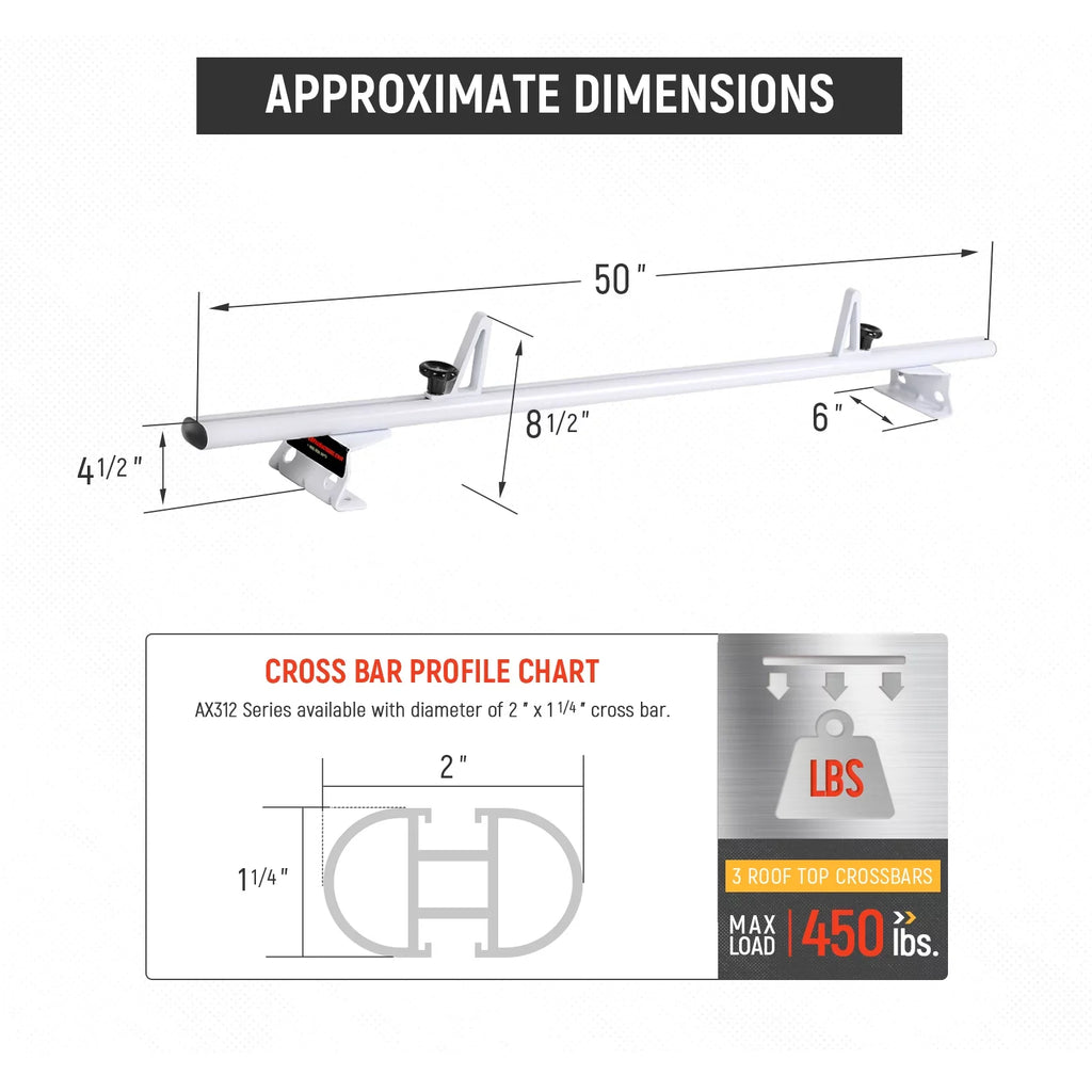 '-Racks Model AX312 Aluminum Van Roof Rack Cross Bars Fits for 2013-On NV200/ 2014-On Transit Connect/ 2013-2017 City Express, 3 Bar 50'' - White