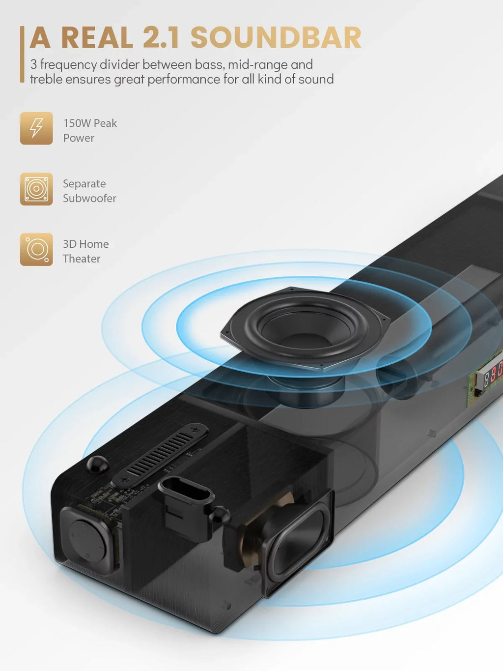 Sound Bar 28Inch Meredo Sound Bar for  Built-in Subwoofer Wooden 150W Includes  Cable Bass/Treble Adjustable 5  Modes  Arc/Optical/Aux/Bluetooth/