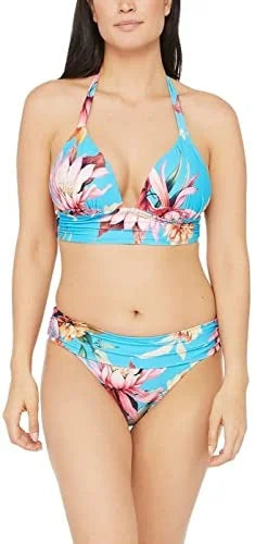 Women's Blue Tropical Print Shirring Tie Sweetheart Molded Cup Halter Swimsuit Top 12