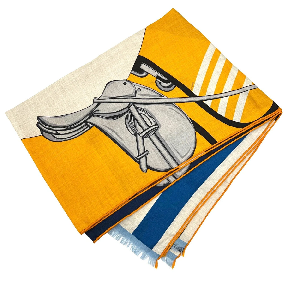 Pre-Owned  Hermes Rectangle Stole 2022 Spring/Summer Collection Natural Jaune Marine Silk Cashmere Scarf 22SS Women's Men's (Like New)
