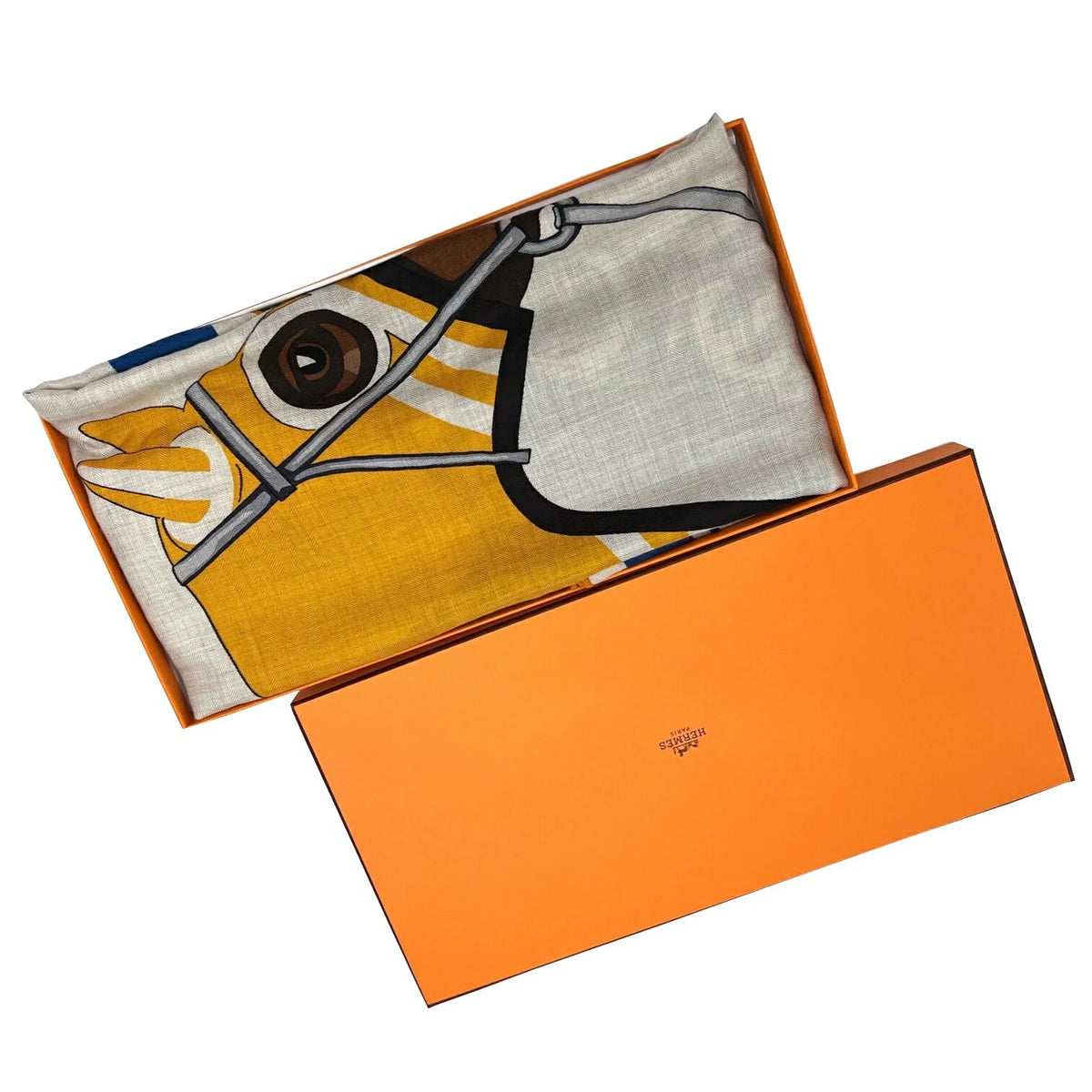 Pre-Owned  Hermes Rectangle Stole 2022 Spring/Summer Collection Natural Jaune Marine Silk Cashmere Scarf 22SS Women's Men's (Like New)