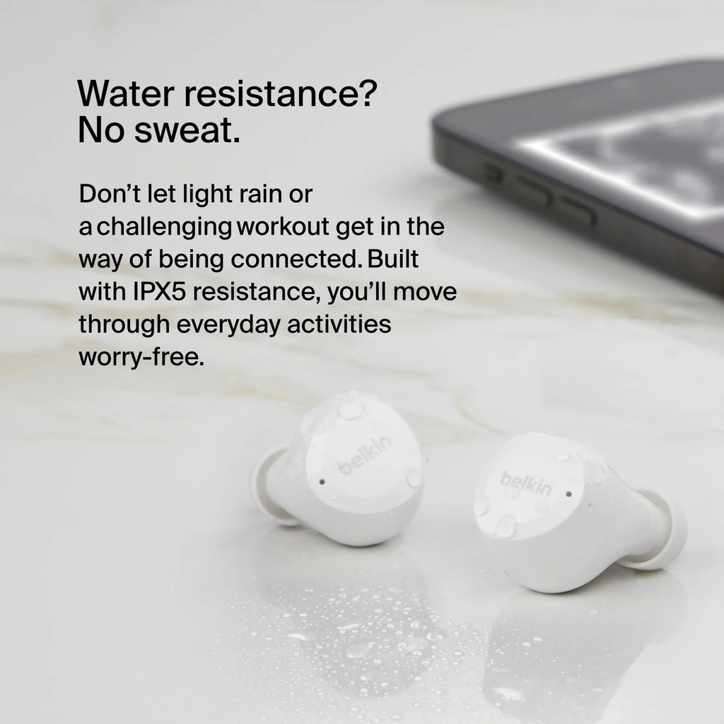 Belkin SoundForm™ Bolt, True Wireless Earbuds, Wireless Charging, IPX5 Sweat and Water Resistant, -C, Up to 28 Hours of Battery Life, iPhone, Galaxy, Pixel and More - White