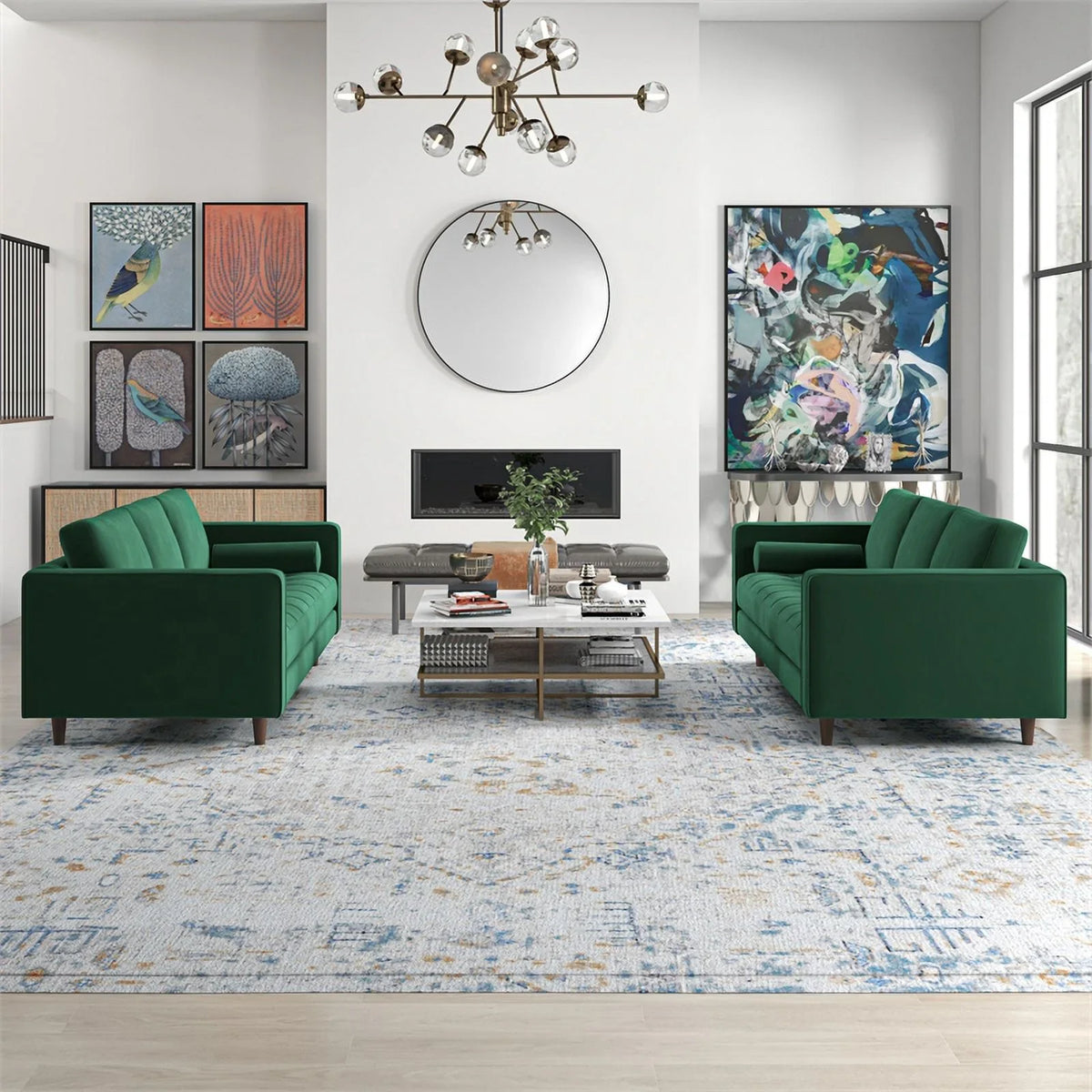 Tahir Mid-Century Pillow Back Velvet Sofa Set in Green