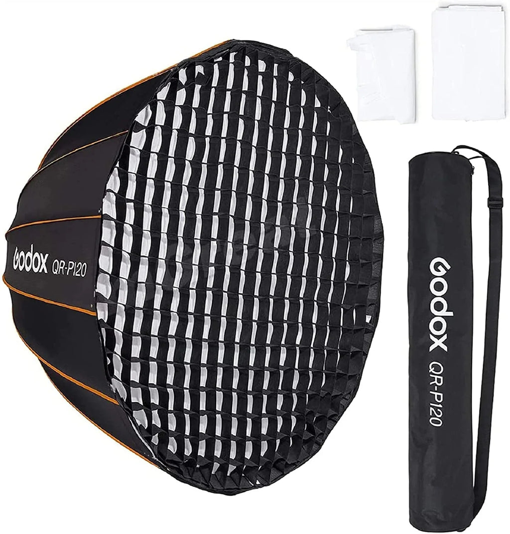 '-P120 47.1 Inch/120CM Parabolic Softbox Bowens Mount, Quick Release Parabolic Softbox, with Front & Inner Diffuser -60W AD600BM VL150 UL150 SL150II Amaran 100X 200D 200X w/Grid