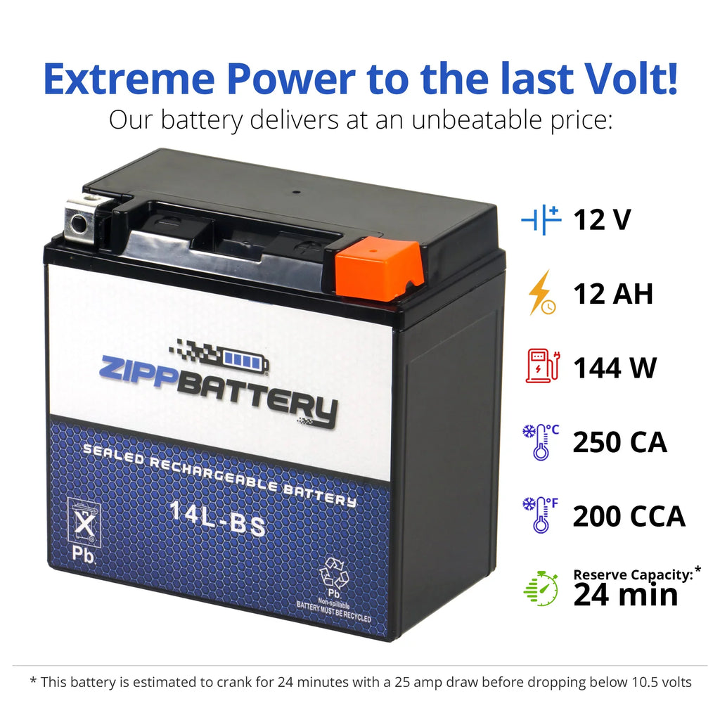 Zipp Battery YTX14- (14- 12 Volt,12 Ah, 200 ) Motorcycle Battery for Honda 1100cc Vt1100c, C3, T Shadow (spirit, Aero, A. C. E. Tourer) 2001