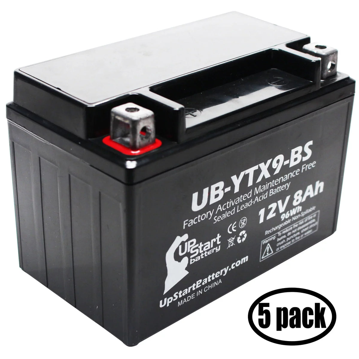5-Pack UpStart Battery Replacement for 1999 Suzuki -R600 600CC Factory Activated, Maintenance Free, Motorcycle Battery - 12V, 8Ah, -YTX9-