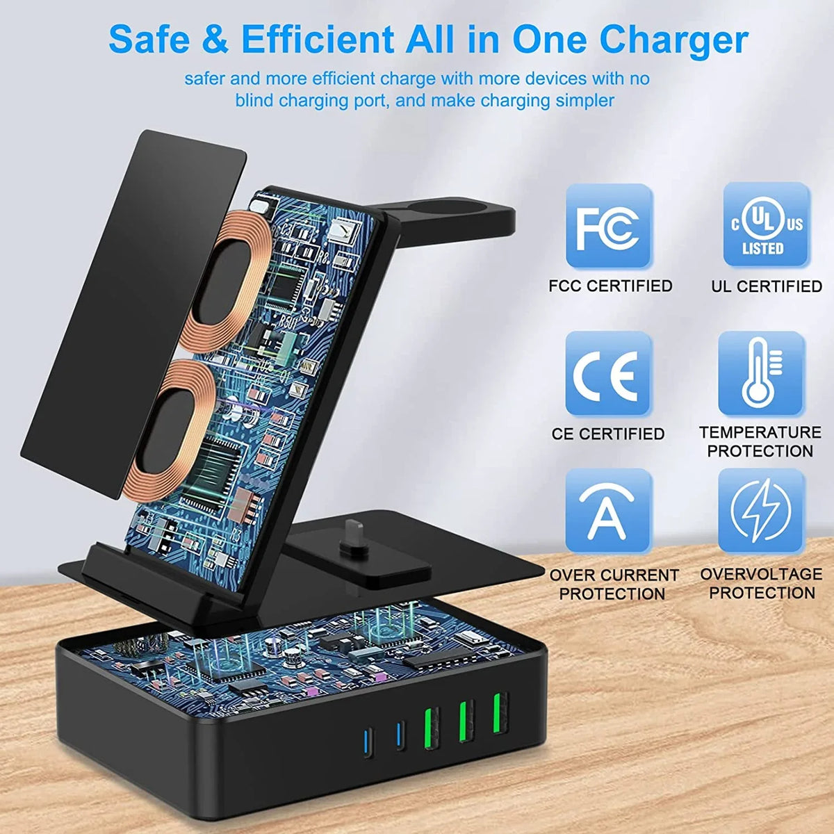8 in 1 Charging Station for Sumsung, 100W Wireless Charger for Multiple Devices, Lidlife Fast Charging Stand Dock for AirPods with 15W Usb a/ 20W Usb C Port Compatible Black