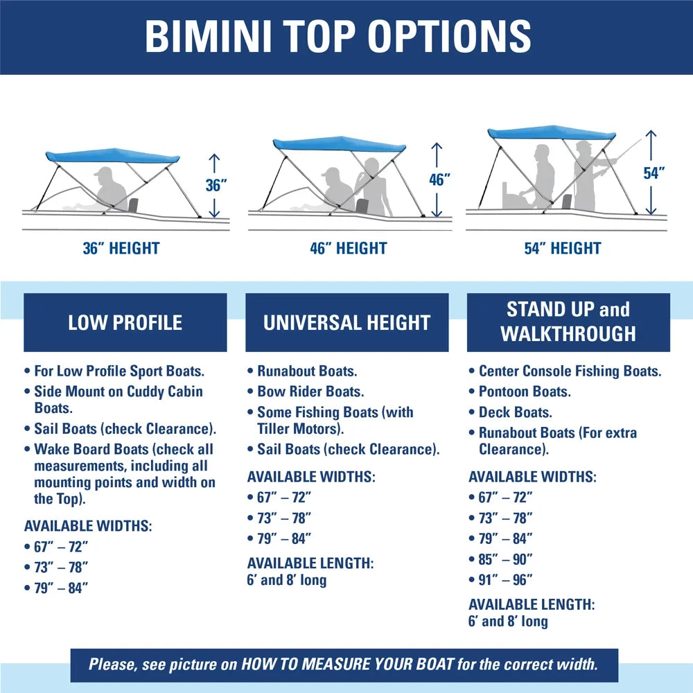 Bimini Top Boat Cover 46" High 3 Bow 6' ft. L x 73" - 78" W Solution Dye