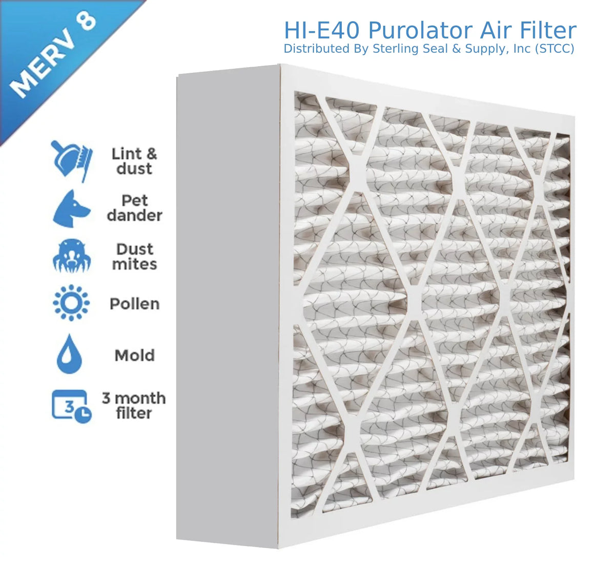 20x20x4, Purolator Hi-E 40 Extended Surface Pleated Air Filter, Mechanical  8, (3 Pack)