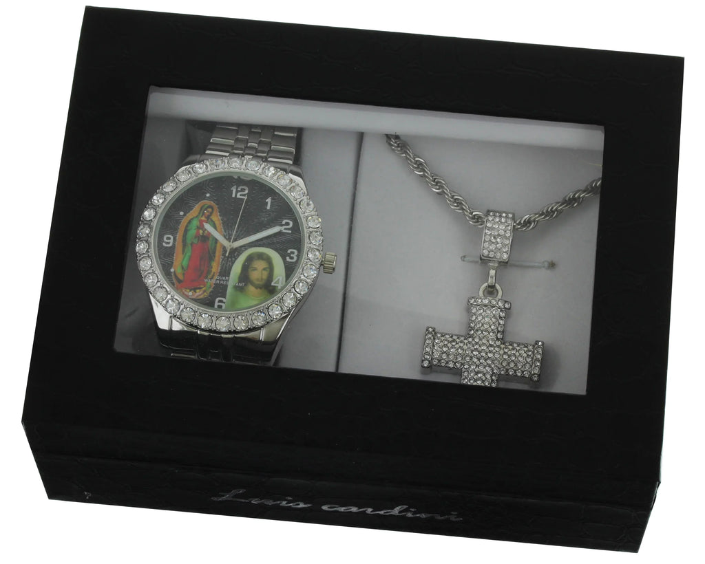 Men's Our Lady of Guadalupe and Jesus Silver-Tone Metal Bracelet Watch with Neckless and Cross Pendent Set