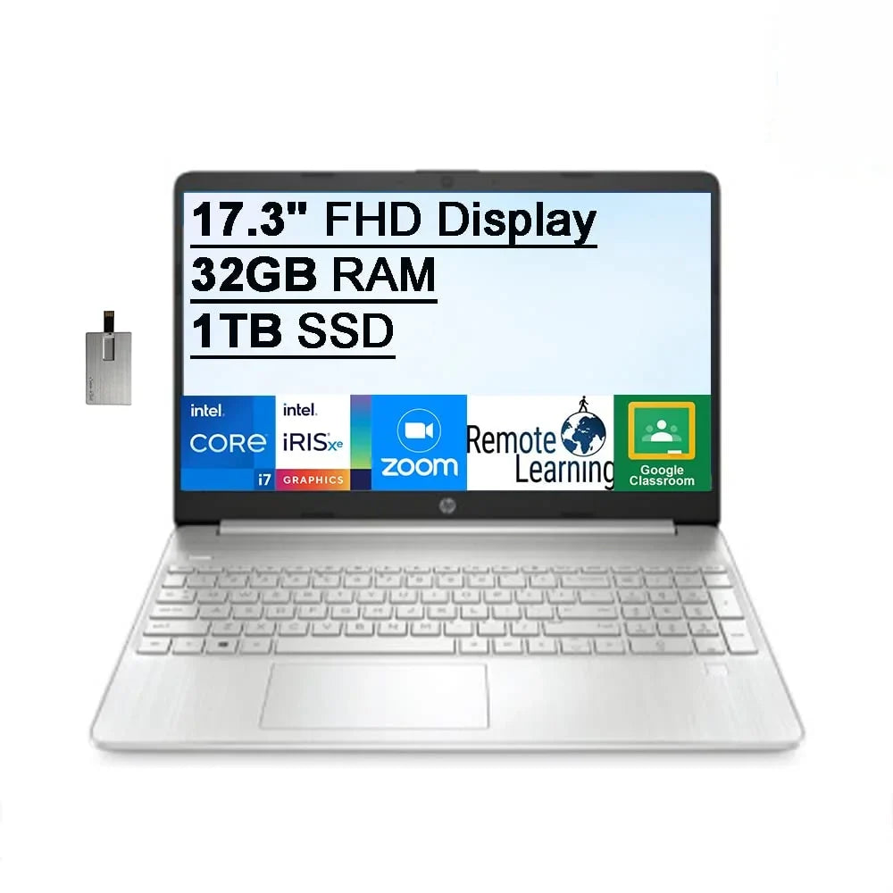 2021 17.3"   Laptop Computer, 11th Generation Intel Core i7-1165G7, 32GB , 1TB PCIe , Backlit Keyboard, Intel Iris Xe Graphics,  Webcam,  Audio, Windows , Silver, 32GB  Card