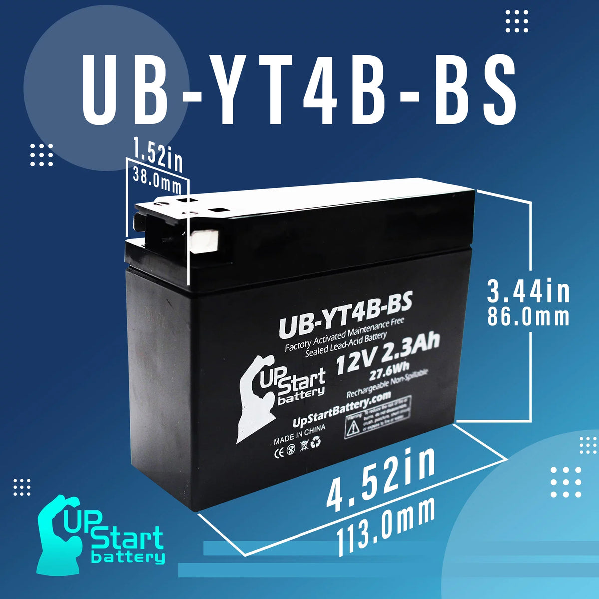 2-Pack UpStart Battery Replacement 2012 Yamaha SR400 () 400CC Factory Activated, Maintenance Free, Motorcycle Battery - 12V, 2.3Ah, -YT4B-