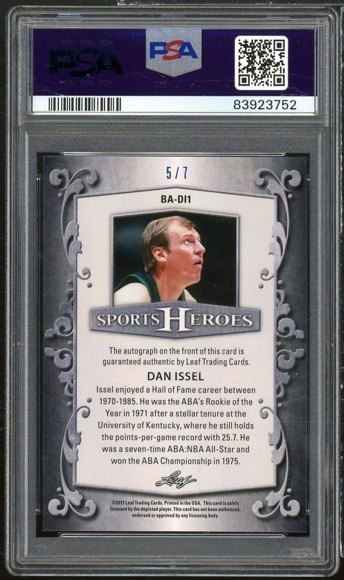 Dan Issel Card 2017 Leaf Metal Sports Heroes Auto Blue (#d 5/7) #BADL1  9