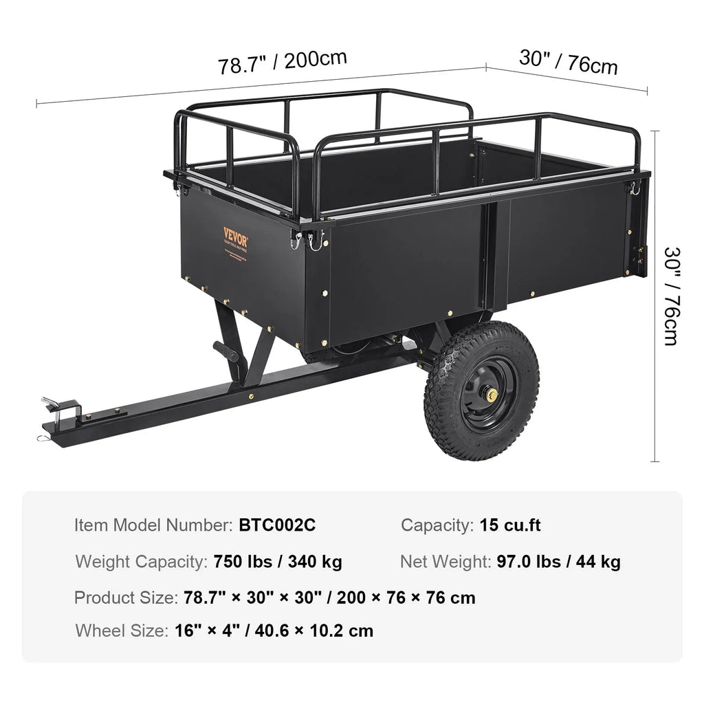 Heavy Duty  Trailer, 750lb Steel Dump Cart with 15 Cubic Feet Capacity, Garden Utility Trailer for Riding Lawn Mower Tractor