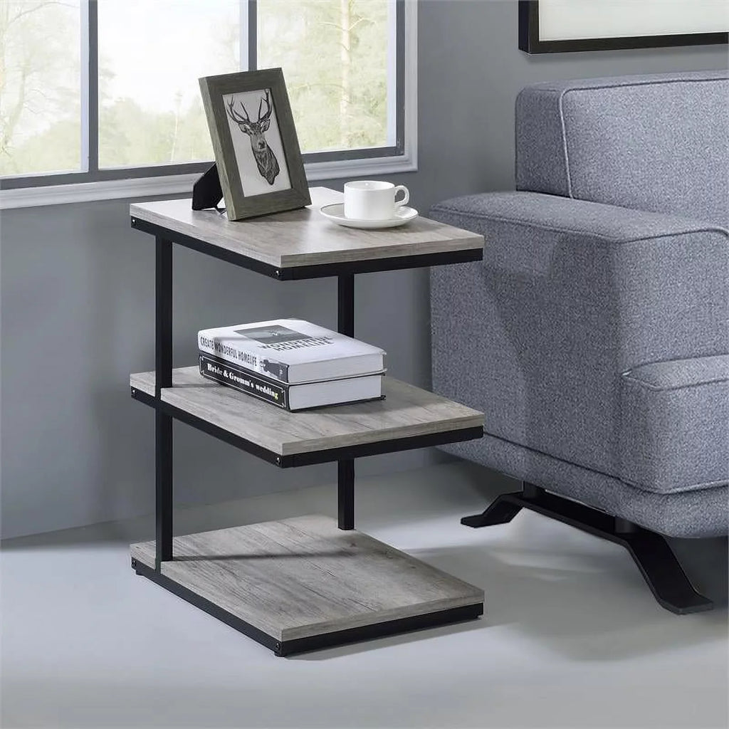 Neeva Industrial Metal 3-Shelf Side Table in Light Gray Set of 2