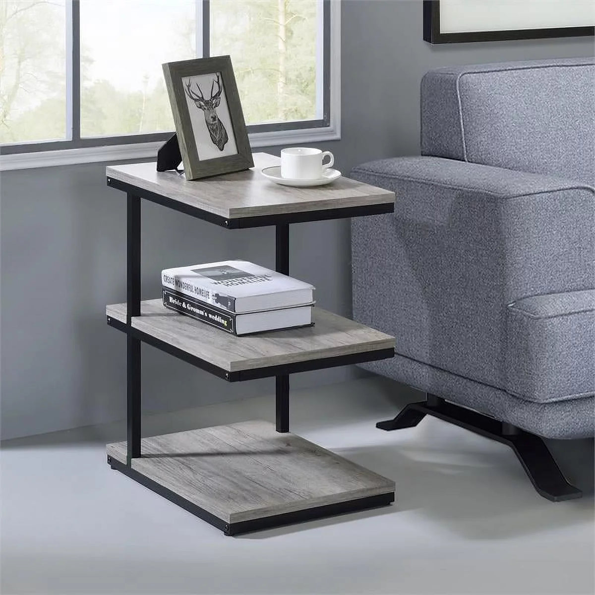 Neeva Industrial Metal 3-Shelf Side Table in Light Gray Set of 2