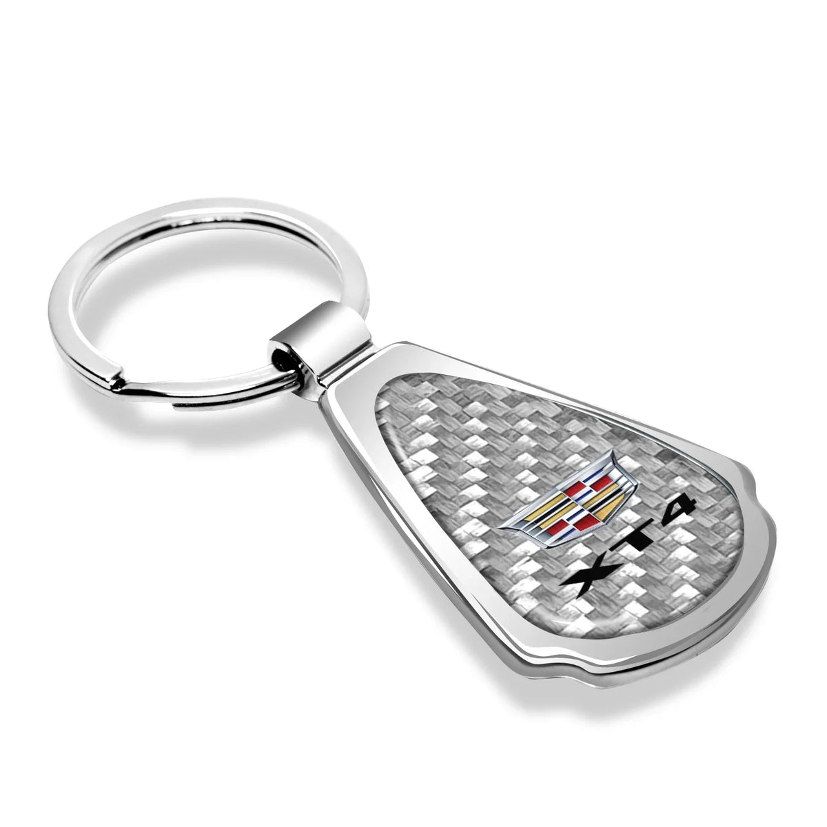 iPick Image for Cadillac XT4 Real Silver Dome Carbon Fiber Chrome Metal Teardrop Key Chain, Official Licensed