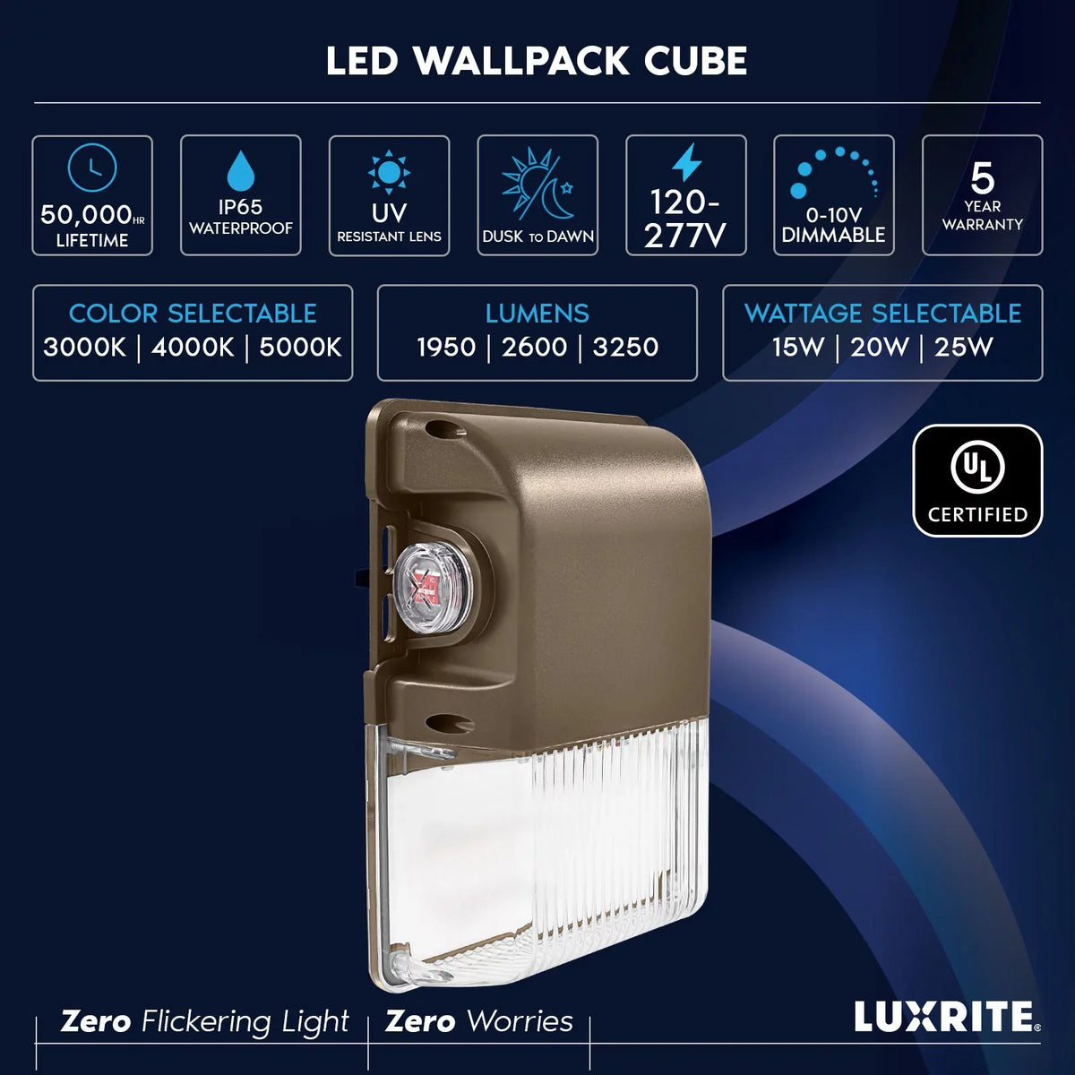Luxrite 15/20/25W  Wall Pack Light with Photocell, 3CCT, 1950/2600/3250LM, Dusk to Dawn, IP65, Dimmable 2-Pack