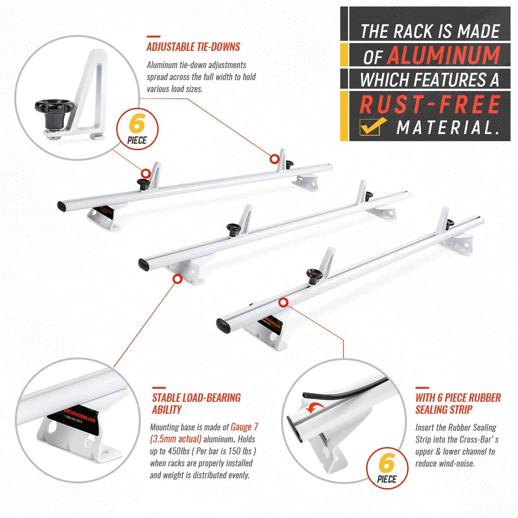 '-Racks Model AX312 Aluminum Van Roof Rack Cross Bars Fits for 2013-On NV200/ 2014-On Transit Connect/ 2013-2017 City Express, 3 Bar 50'' - White