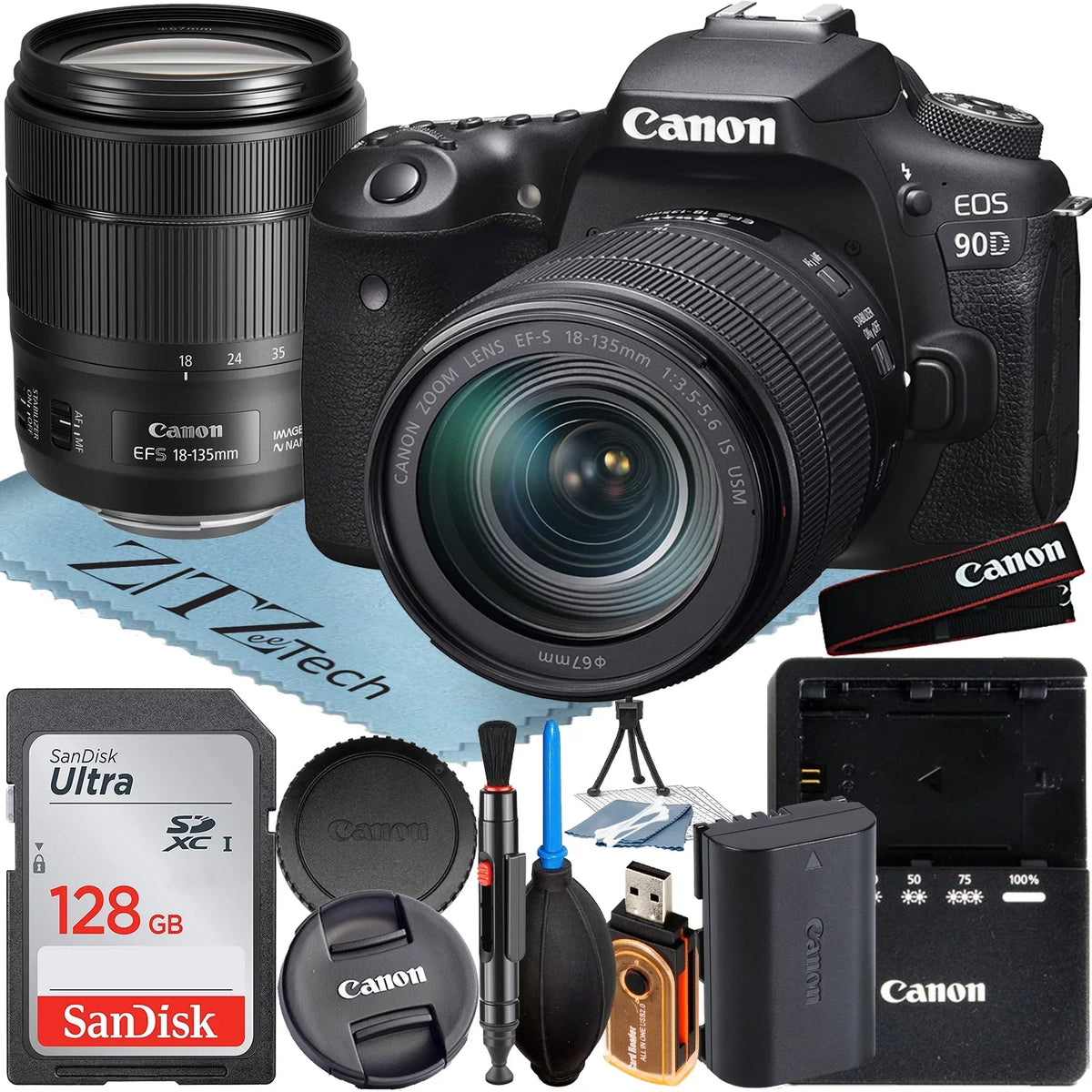 Canon  90D  Camera with 18-135mm   Lens + SanDisk 128GB Memory Card + ZeeTech Accessory Bundle