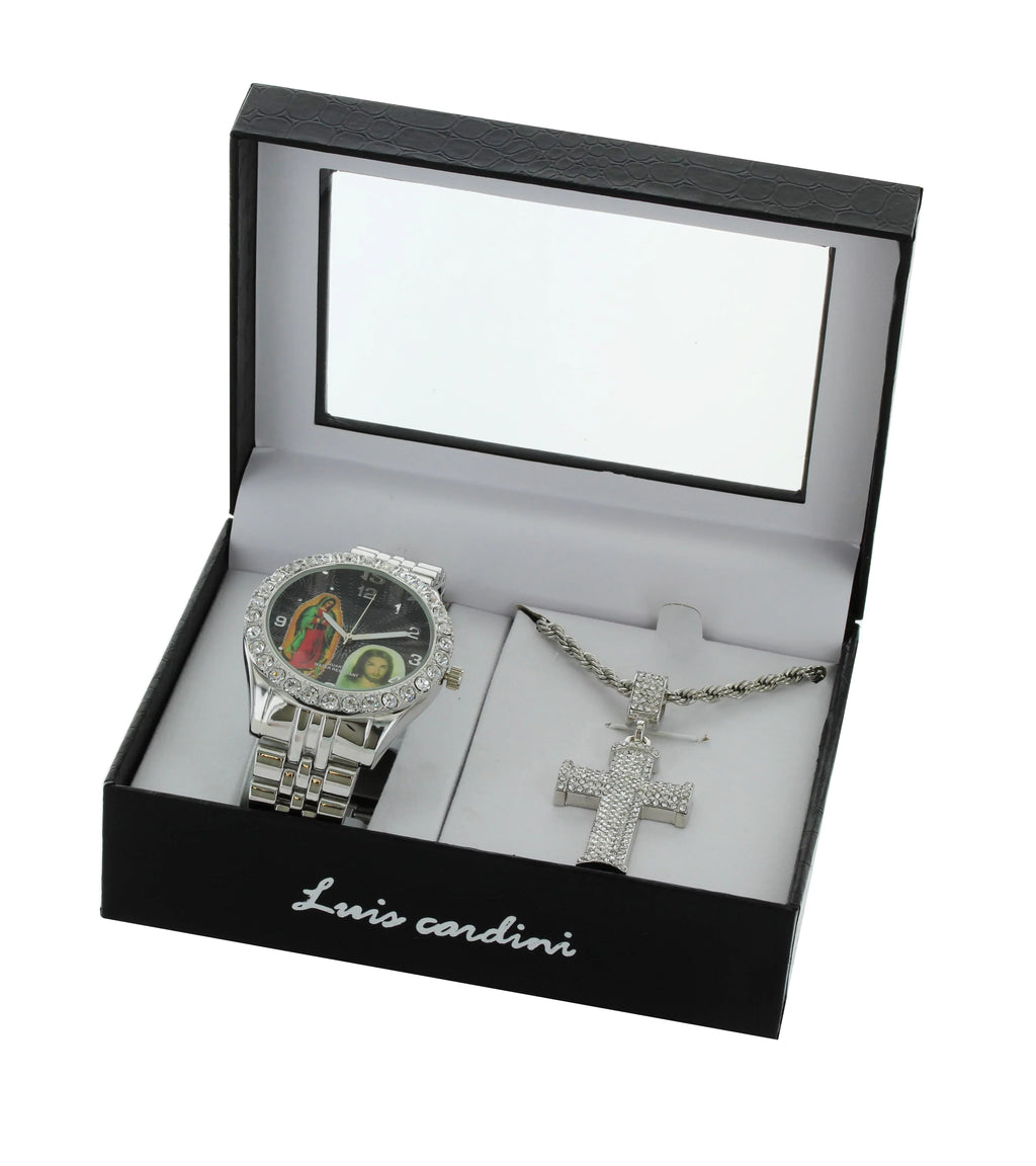 Men's Our Lady of Guadalupe and Jesus Silver-Tone Metal Bracelet Watch with Neckless and Cross Pendent Set