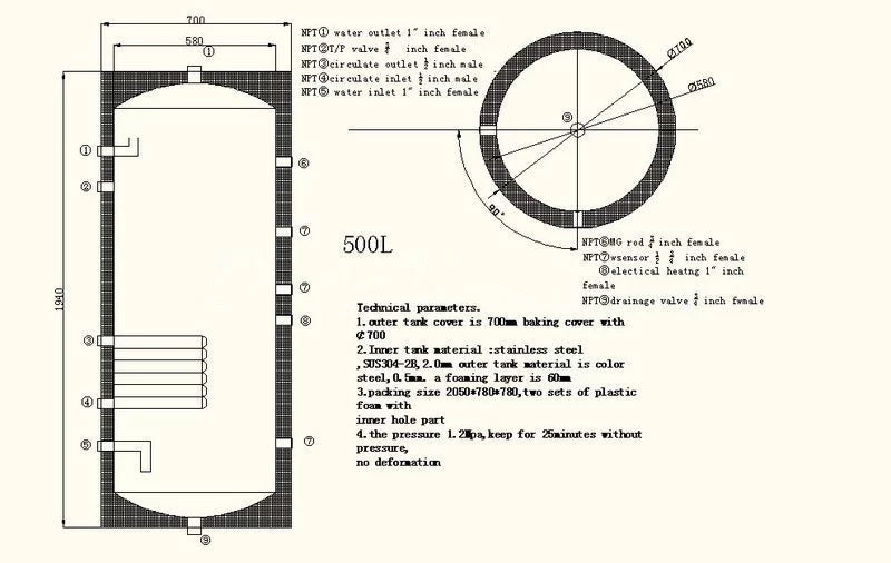 500 Liter 132 Gallon Stainless Steel Solar Hot Water Heater Tank Single Copper Coil Heat Exchanger