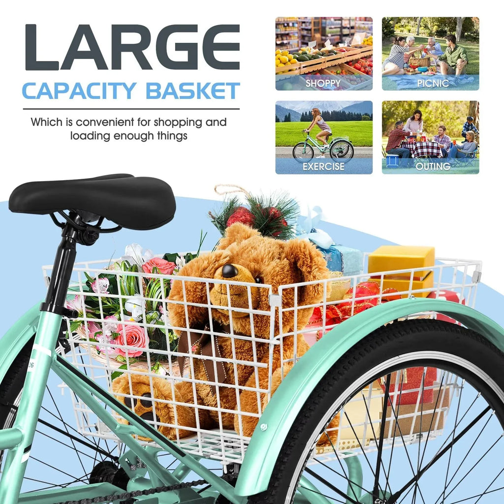 Adults Mountain Tricycles, 24"/26"/27.5" 7-Speed Heavy Duty Trikes w/Spacious Basket 3-Wheeled Bike for Adventurous Rides, Shopping, Exercise, and Recreation