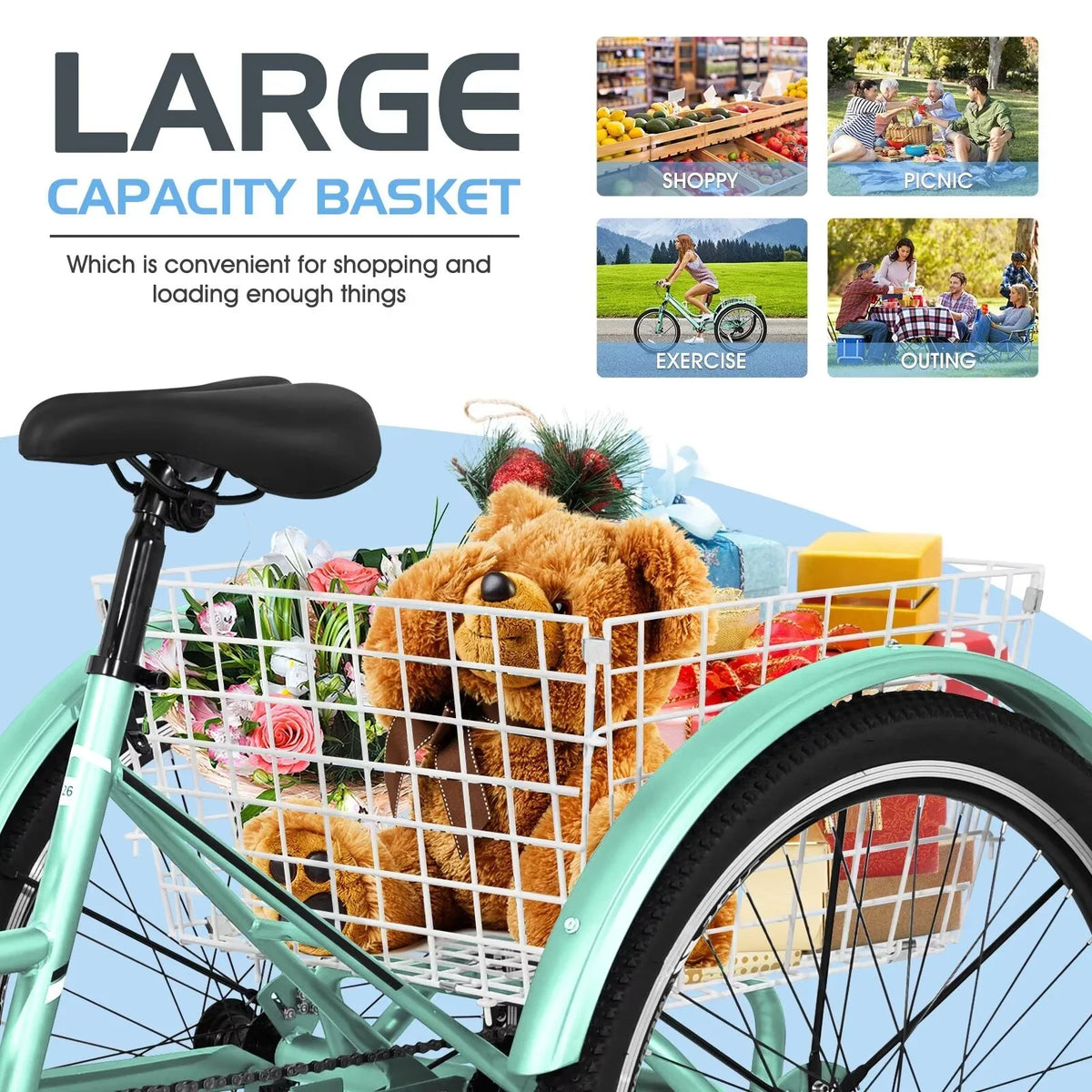 Adults Mountain Tricycles, 24"/26"/27.5" 7-Speed Heavy Duty Trikes w/Spacious Basket 3-Wheeled Bike for Adventurous Rides, Shopping, Exercise, and Recreation