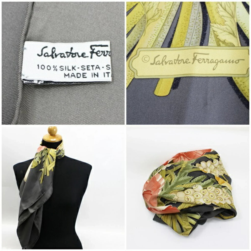 Pre-Owned Salvatore Ferragamo Silk Scarf Muffler Gray   Women's (Like New)
