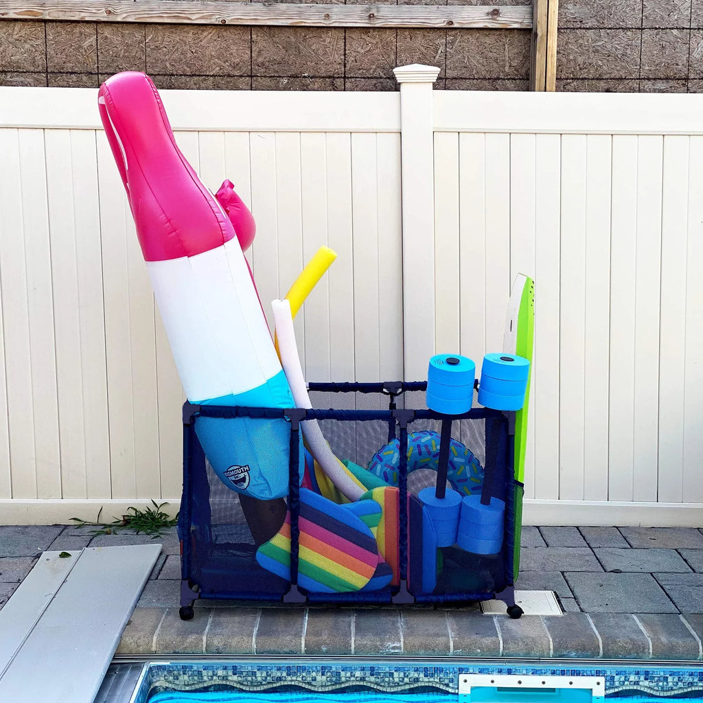 Essentially Yours Pool Noodles Holder, Toys, Floats, Balls and Floats Equipment Mesh Rolling Storage Organizer Bin, Kids Height, Large, (43" W x 25" L x 28" H), Blue Style 563009