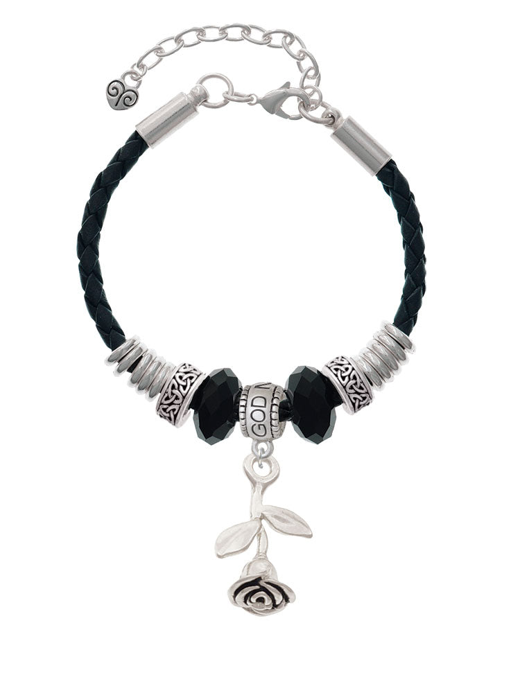 Delight Jewelry Silvertone Stemmed Rose Godmother Celtic Knot Leather Bead Bracelet, 7"+2" Extender
