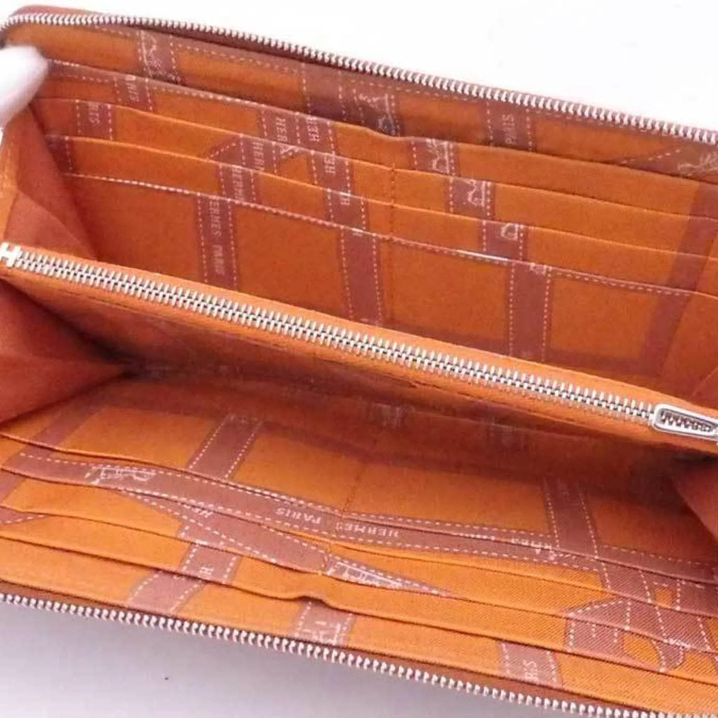 Pre-Owned Hermes  Round Zipper Long Wallet Azap Silk In Leather Brown x Orange Silver Women's (Good)
