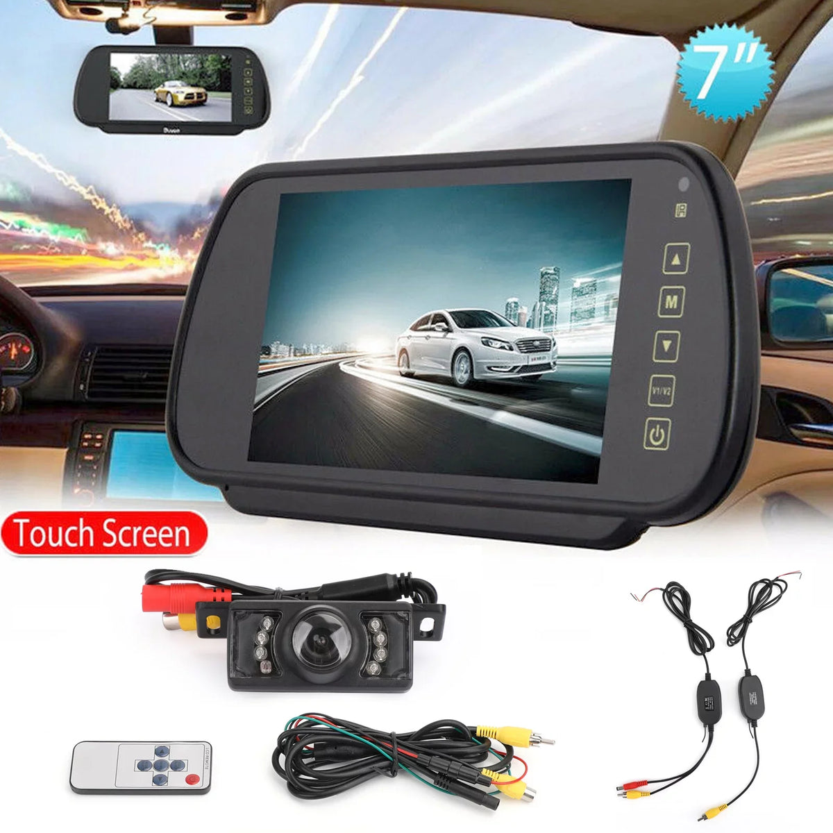 7" Mirror Monitor Wireless Car Rear View Kit +  Night Rear View Camera