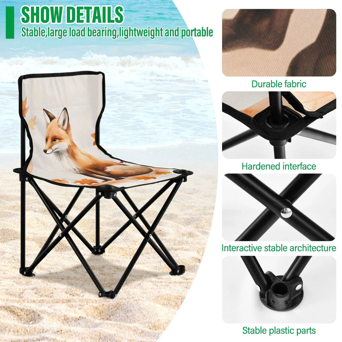 Fox with Autumn Leaves Portable Camping Chair Small for Kids Outdoor Folding Beach Chair Fishing Chair Lawn Chair with Carry Bag