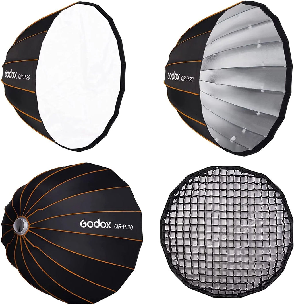 '-P120 47.1 Inch/120CM Parabolic Softbox Bowens Mount, Quick Release Parabolic Softbox, with Front & Inner Diffuser -60W AD600BM VL150 UL150 SL150II Amaran 100X 200D 200X w/Grid