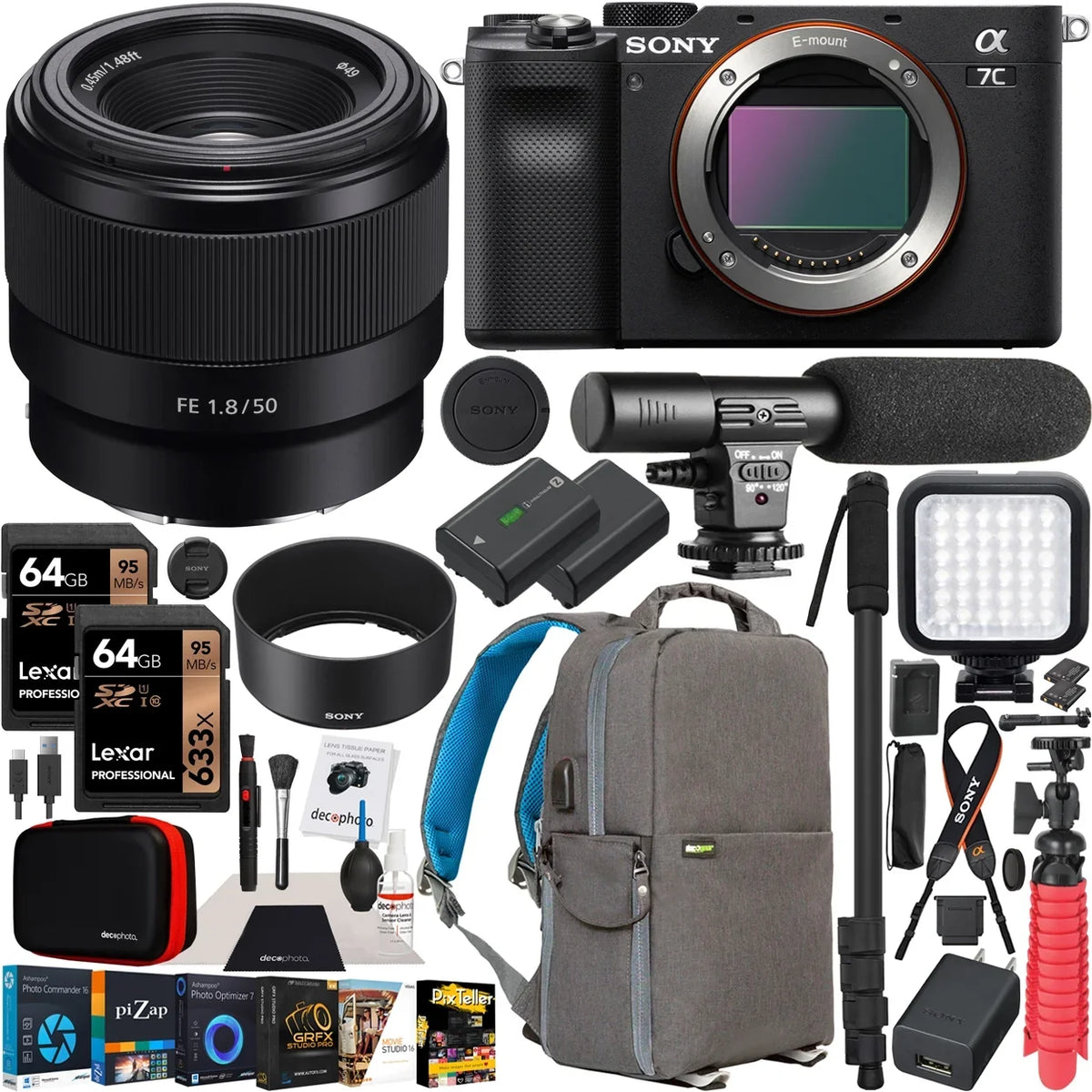 Sony a7C Mirrorless Full Frame Camera Body with Sony  50mm F1.8 Full-frame Lens SEL50F18F Black ILCE7C/B Bundle with Deco Gear Photography Backpack Case , Software and Accessories