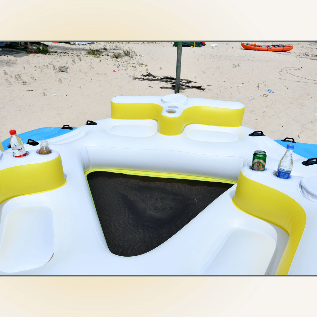 IFI6P Inflatable Floating Island Lounge Raft with Cup Holders and Coolers - 6 Person